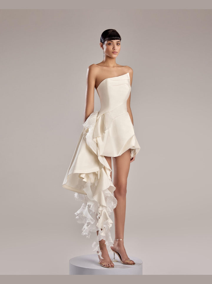 Elegant White Taffeta and Organza Dress with Asymmetrical Hem and Ruffles