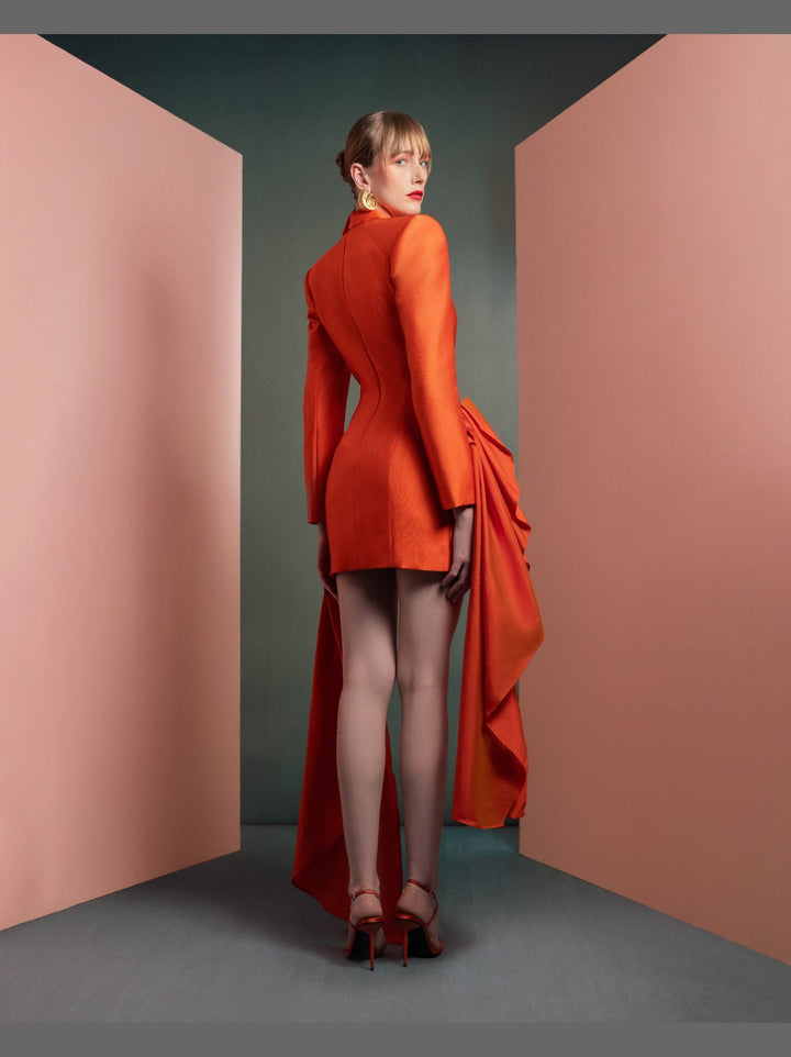 Draped Mikado and Taffeta Vibrant Orange Jacket Dress