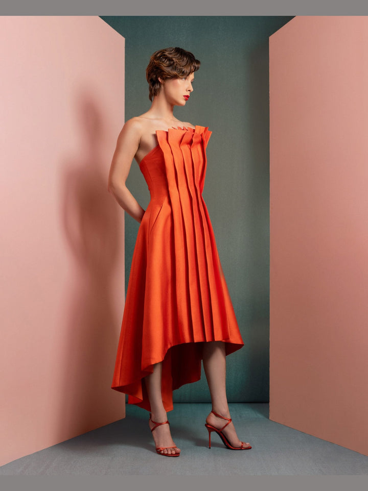 Vibrant Orange Mikado Piqué Dress with Structured Pleats