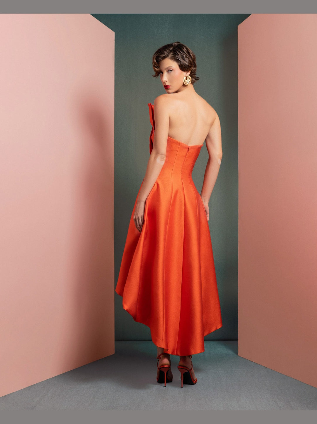 Vibrant Orange Mikado Piqué Dress with Structured Pleats