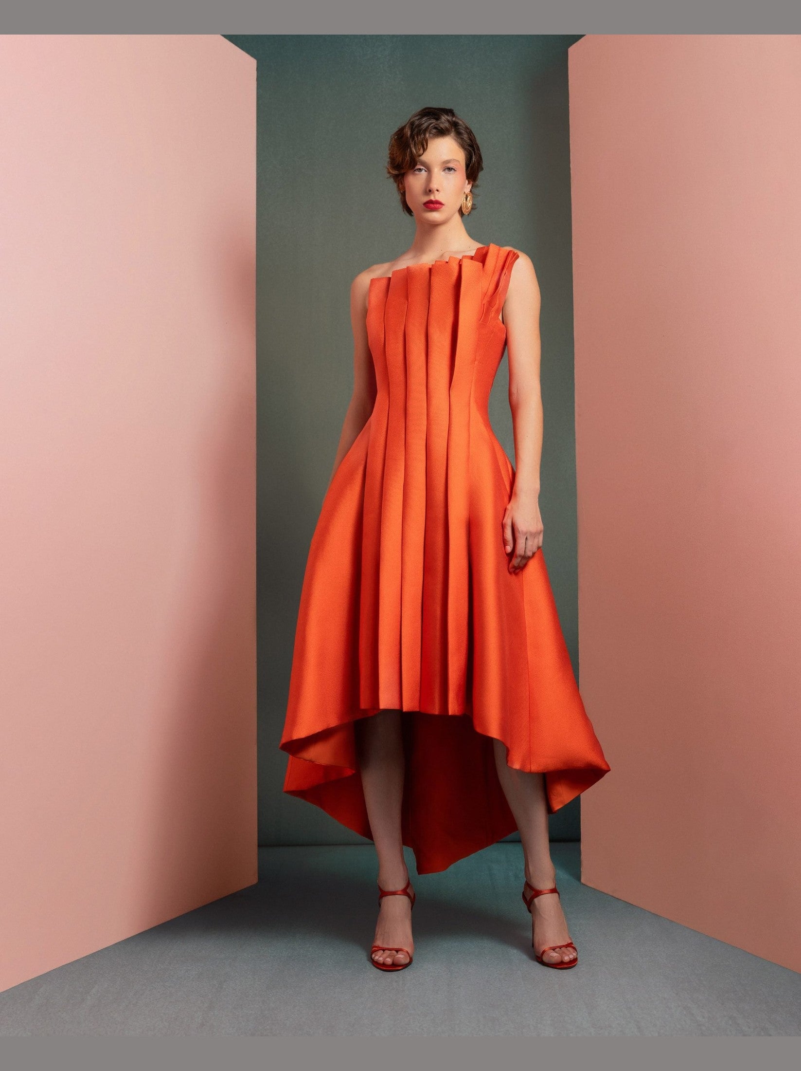 Vibrant Orange Mikado Piqué Dress with Structured Pleats