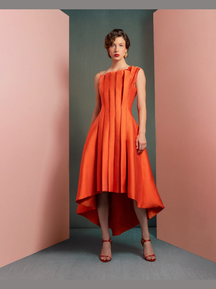 Vibrant Orange Mikado Piqué Dress with Structured Pleats