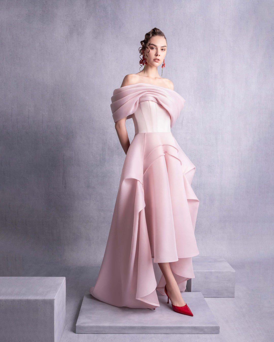 Elegant Layered Off-Shoulder Pink Organza Dress