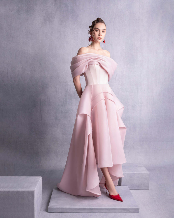 Elegant Layered Off-Shoulder Pink Organza Dress