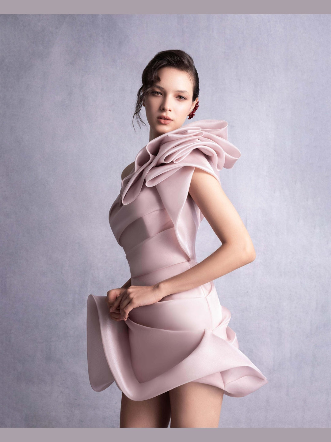 Sculptural Pink Organza Mini Dress with Dramatic Ruffle Folds Shoulder