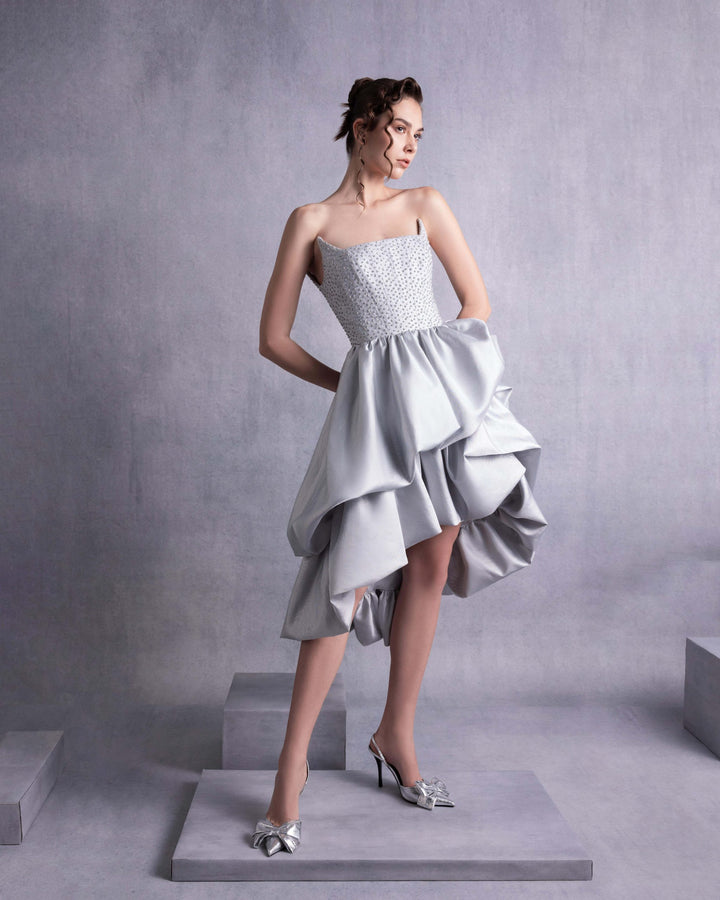 Silver Embroidered Angled Bust Mikado Piqué Dress