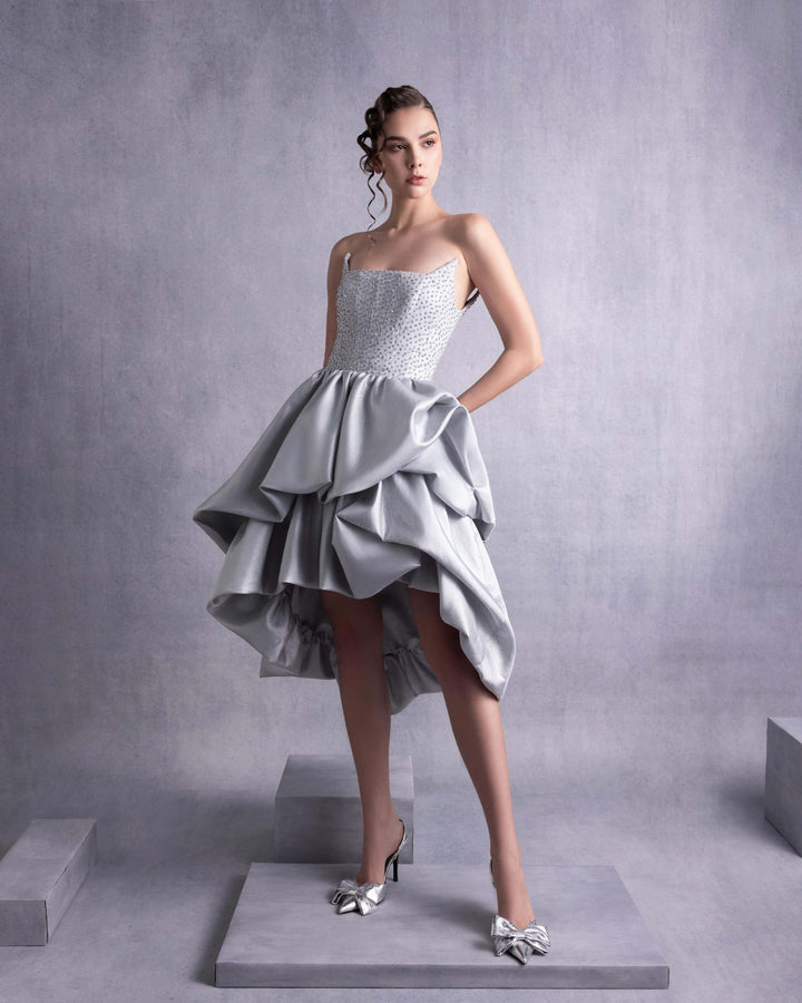 Silver Embroidered Angled Bust Mikado Piqué Dress