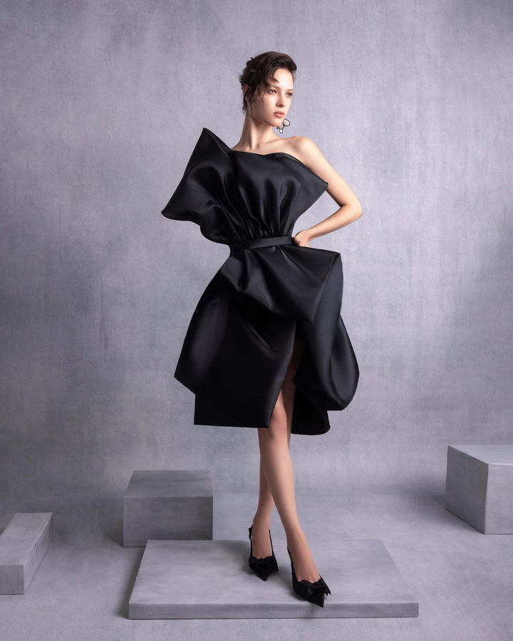 Cinched Waist Black Organza Cocktail Dress