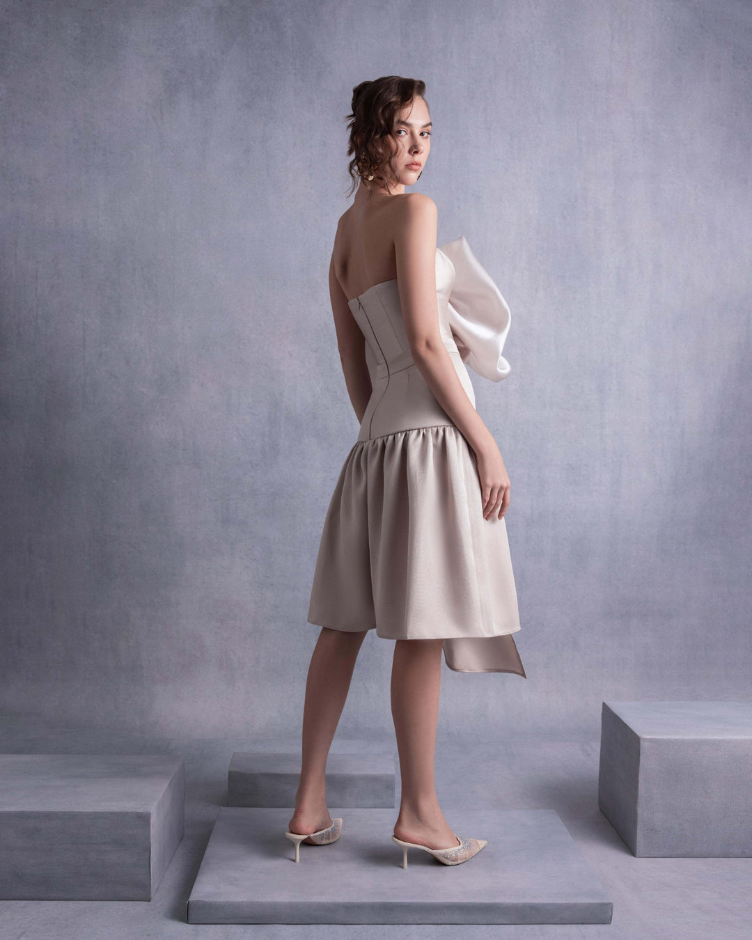 Gold Champagne Piqué Dress with Organza Bust and Crystal Embellishments