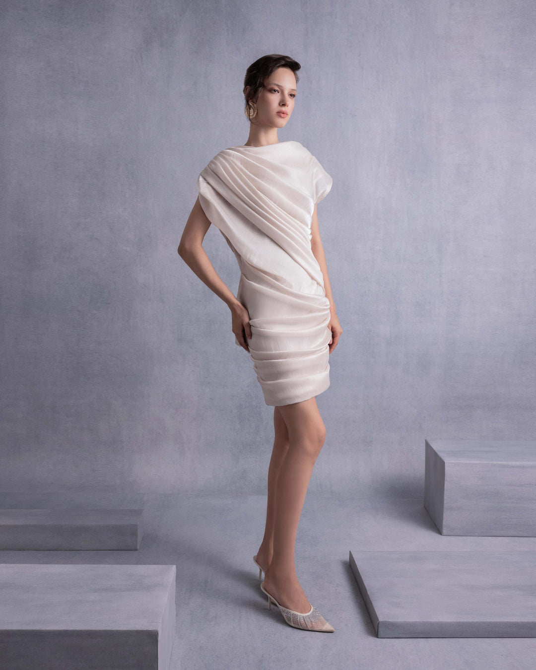 Draped Open Back Lamé Georgette Dress