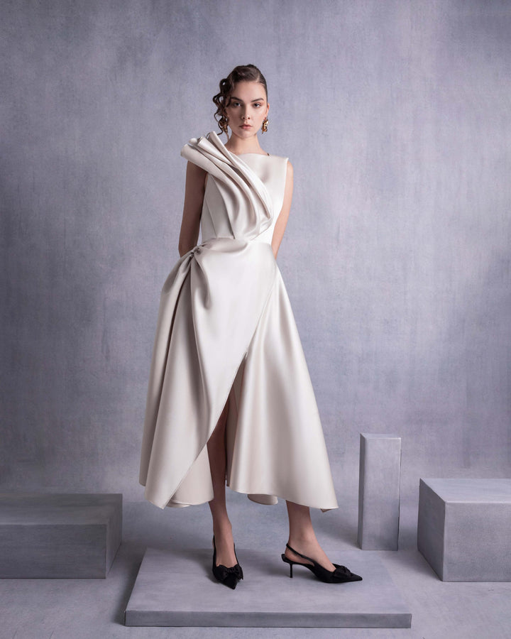 Gold Razmir Dress with Draped Shoulder and High Slit