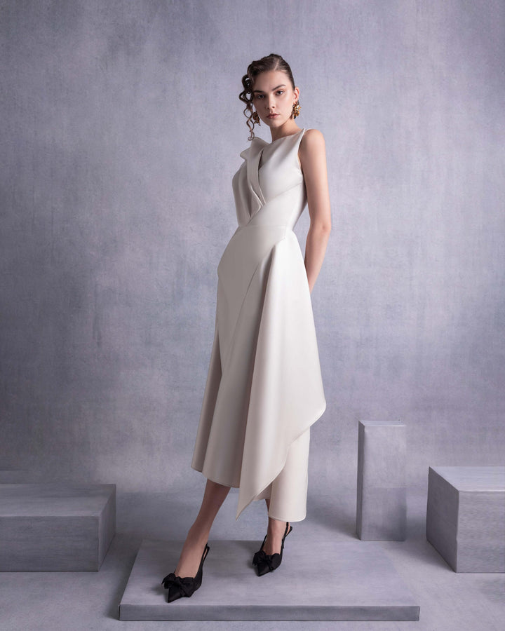 Gold Razmir Dress with Draped Shoulder and High Slit
