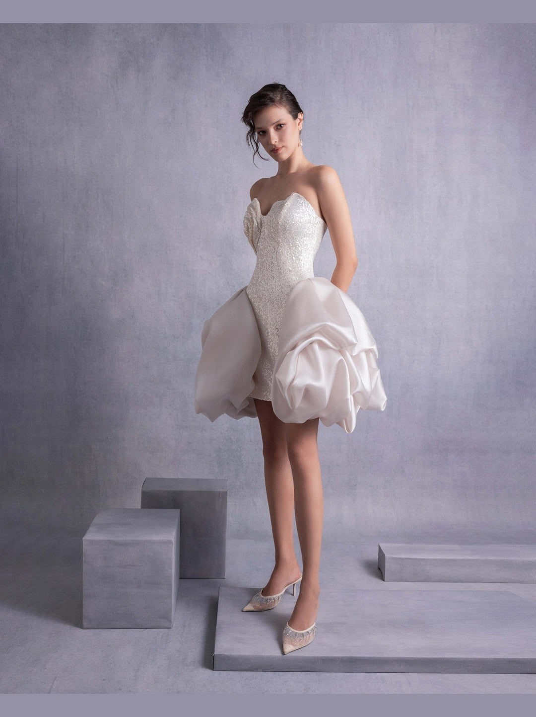 Sparkling Sequins Mini Dress with Puffy Organza Skirt Overlay