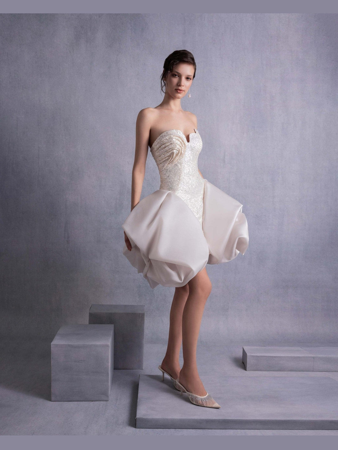 Sparkling Sequins Mini Dress with Puffy Organza Skirt Overlay