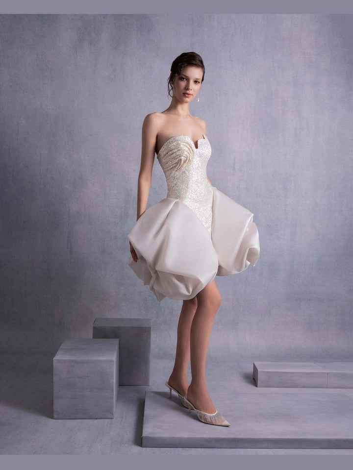 Sparkling Sequins Mini Dress with Puffy Organza Skirt Overlay