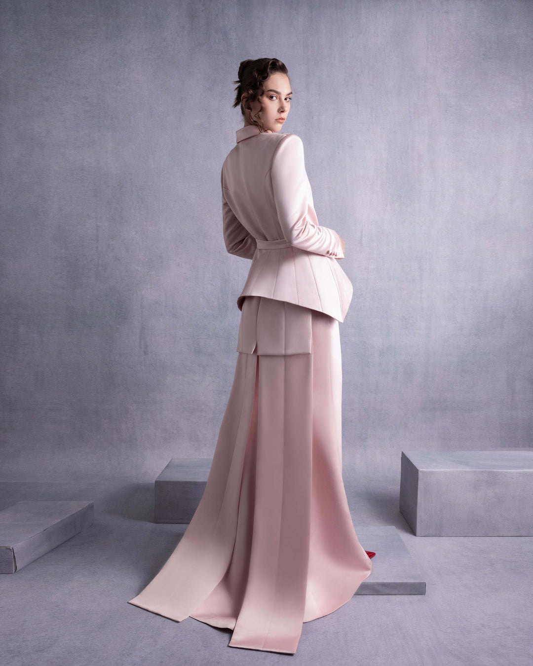 Pink Razmir Jacket with Train and Structured Peplum Belt