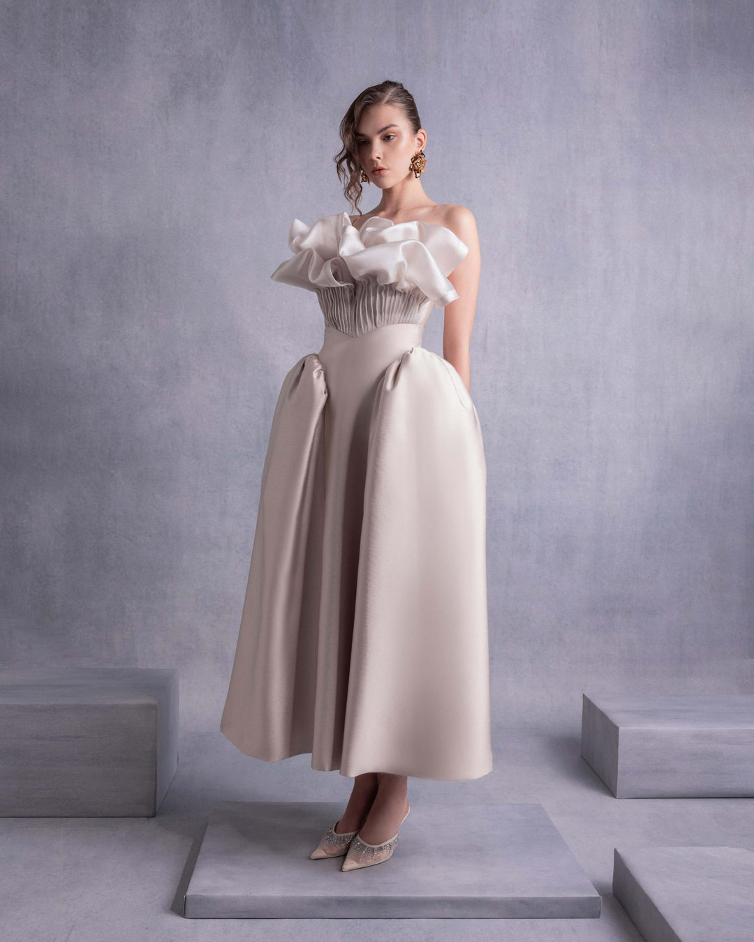 Pleated Organza Corset Top with Voluminous Neckline Manipulation