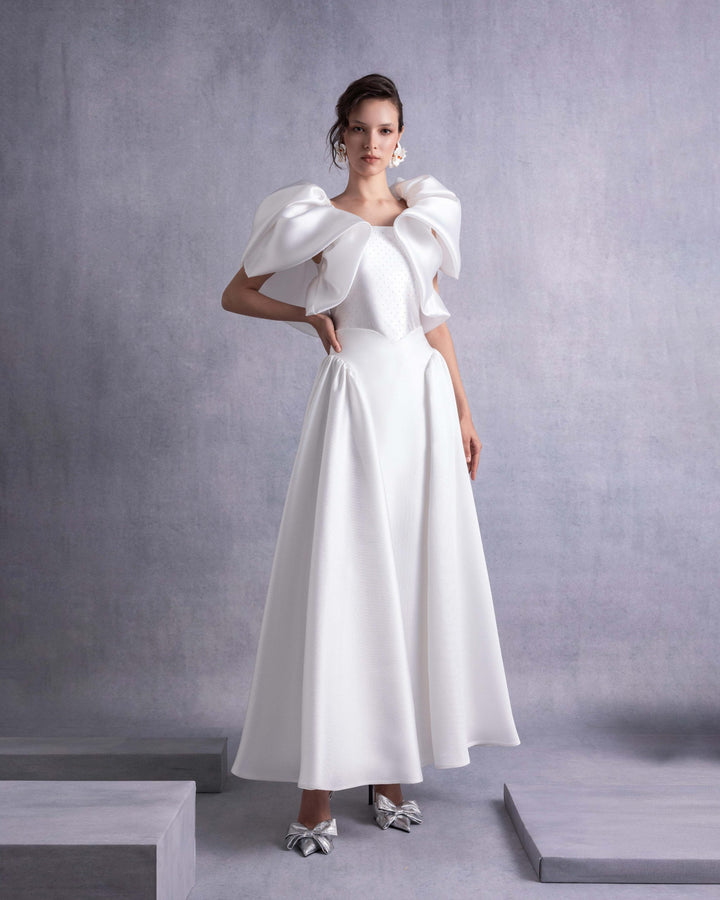 Crystal-Dotted Jersey Body with Petal-like Organza Shoulders (top)