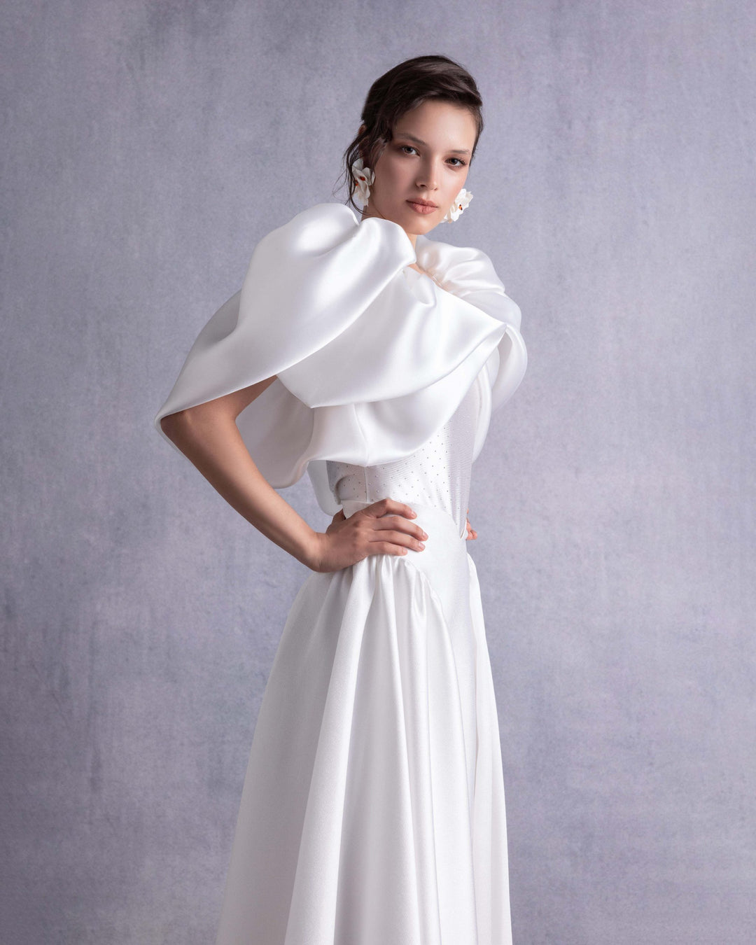 Crystal-Dotted Jersey Body with Petal-like Organza Shoulders (top)