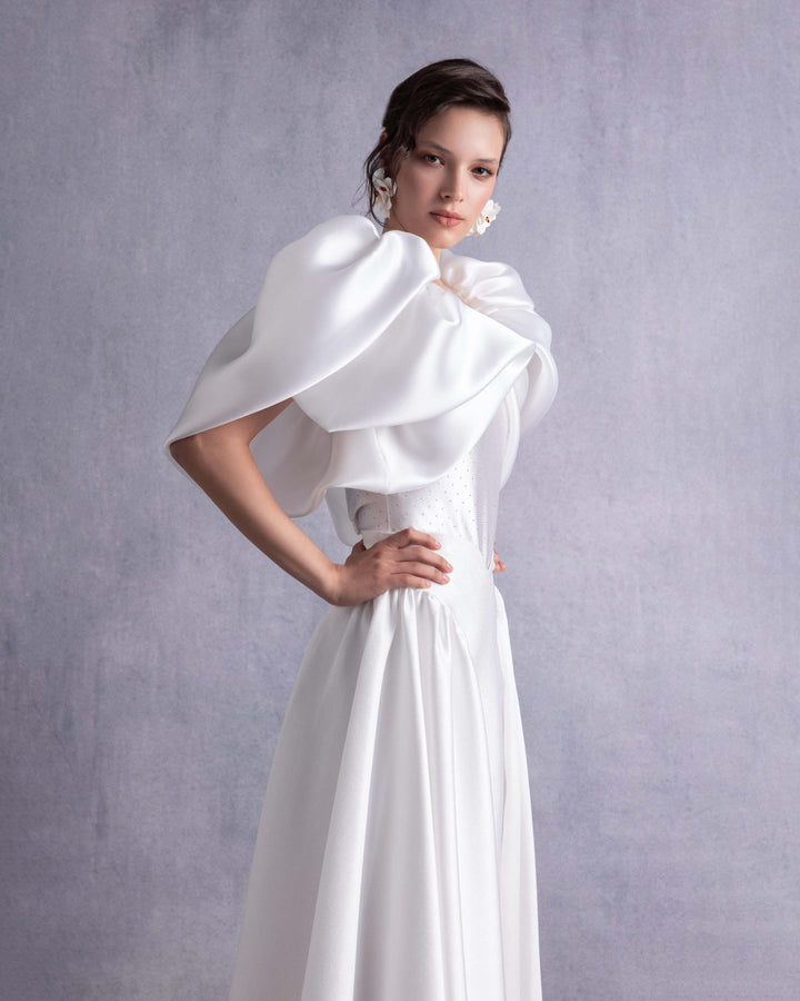 Crystal-Dotted Jersey Body with Petal-like Organza Shoulders (top)