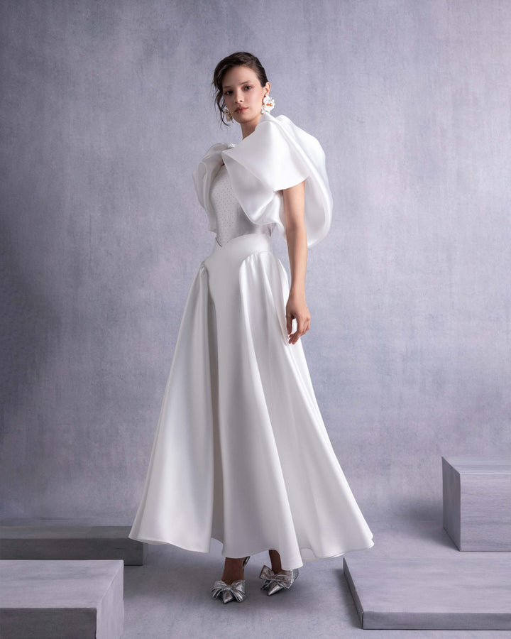 Crystal-Dotted Jersey Body with Petal-like Organza Shoulders (top)