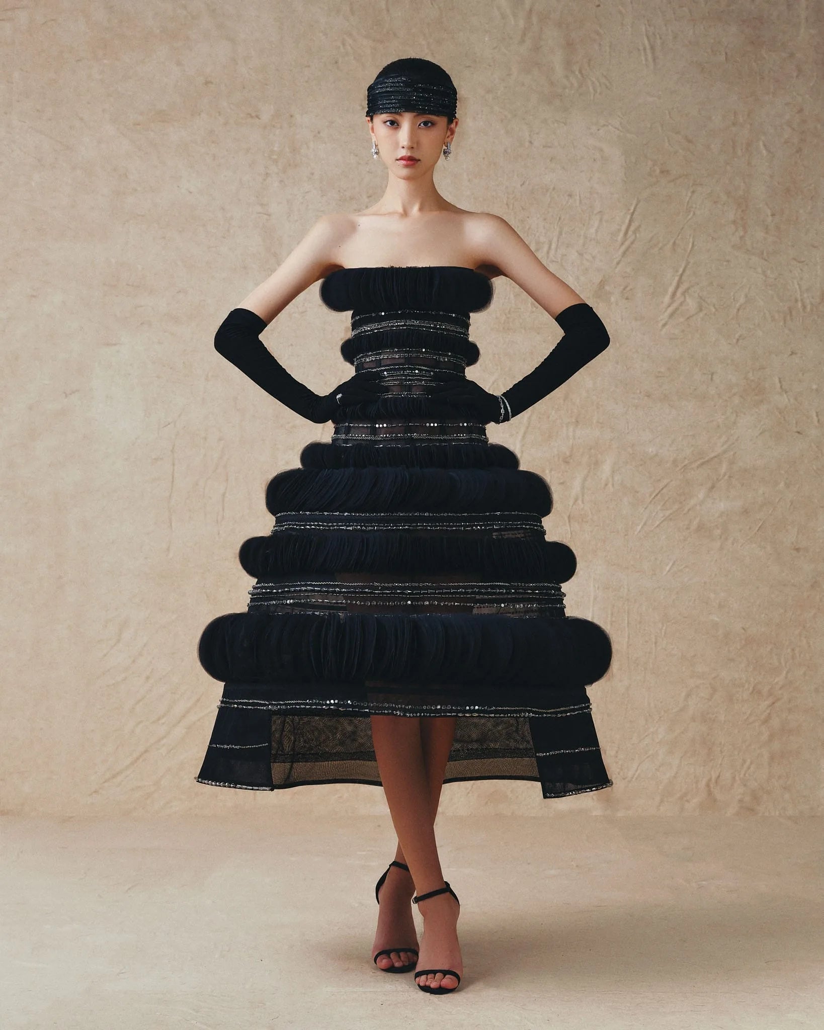 Mesh midi dress with black beads