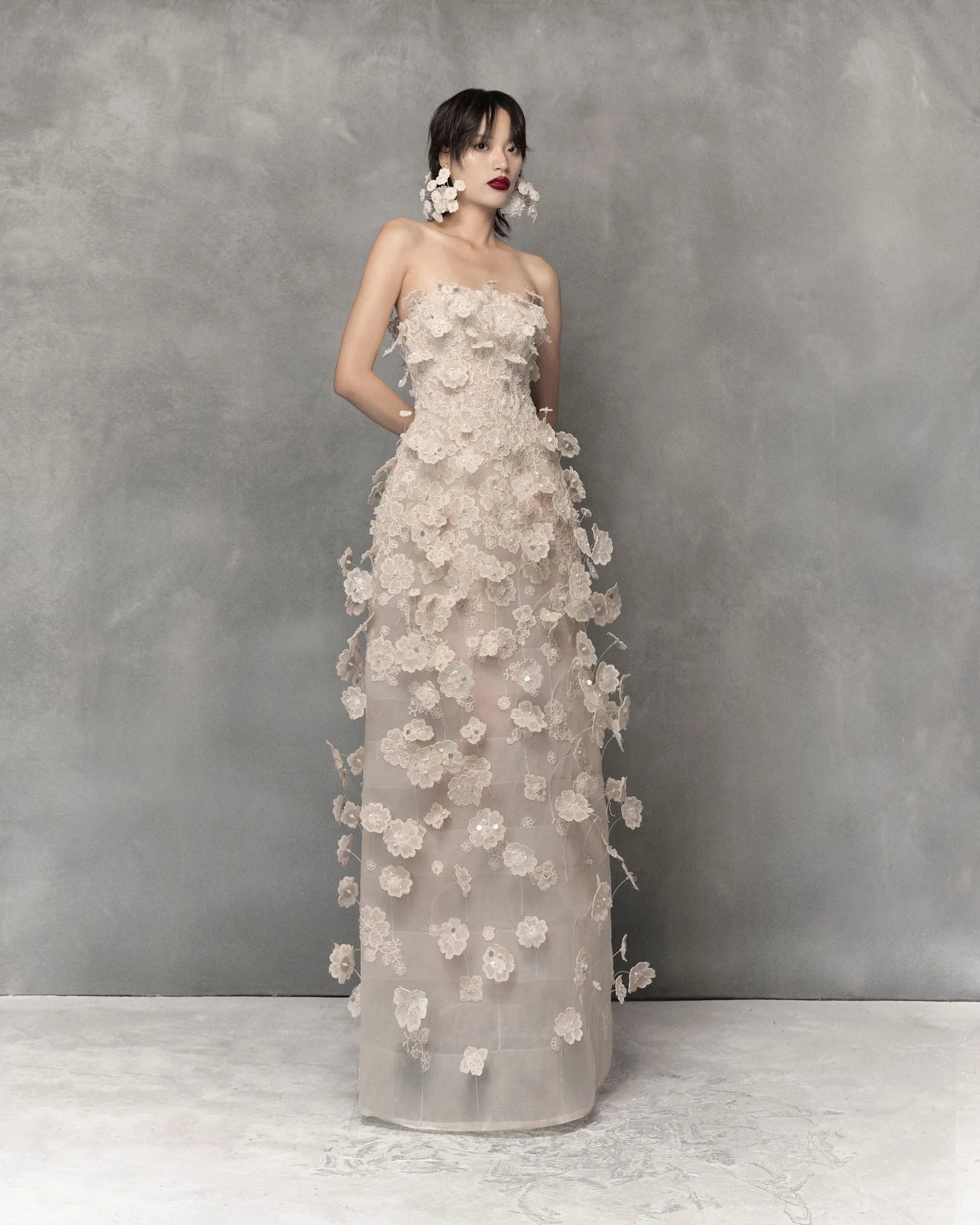 Floral lace long dress with metal beads