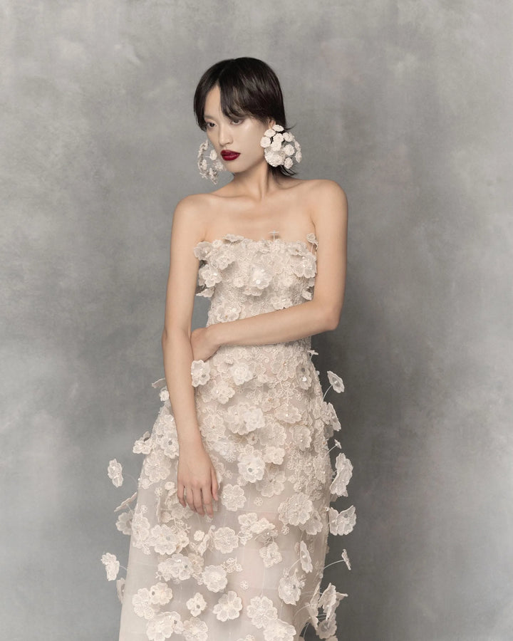 Floral lace long dress with metal beads