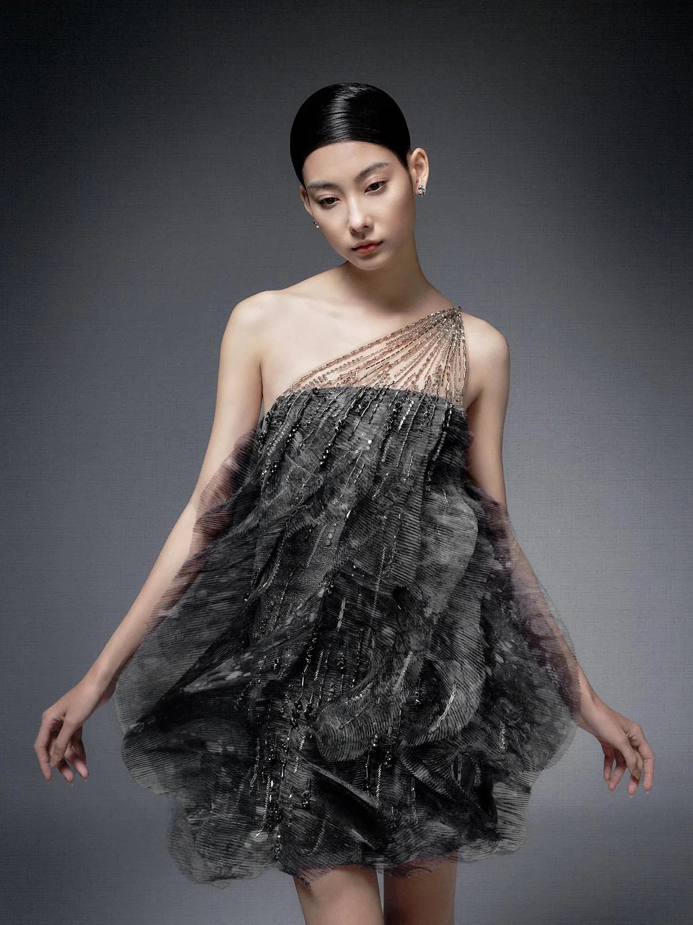 One Shoulder Chiffon, Tulle and Sequin Dress