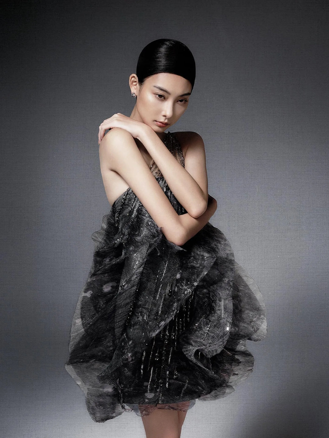 One Shoulder Chiffon, Tulle and Sequin Dress