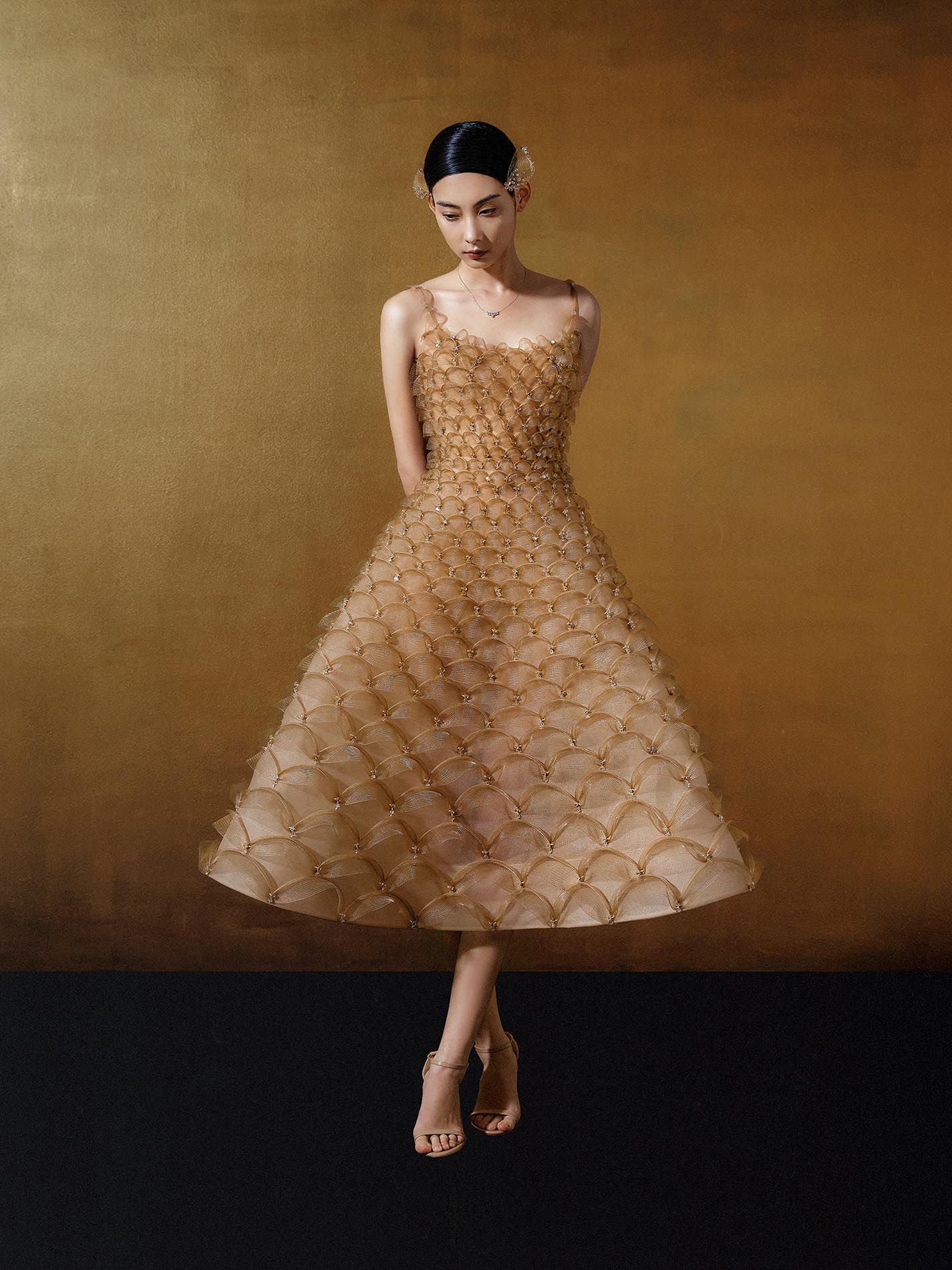 Golden Scalloped Elegance Dress