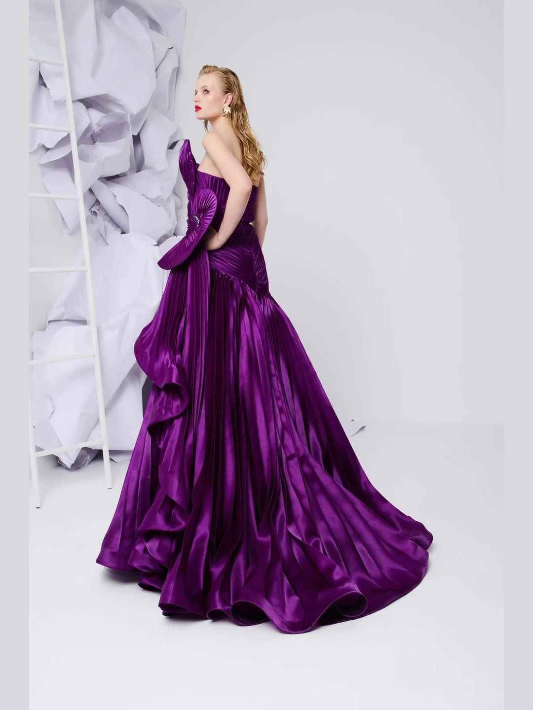 Ruffled Pleated Fabric Gown
