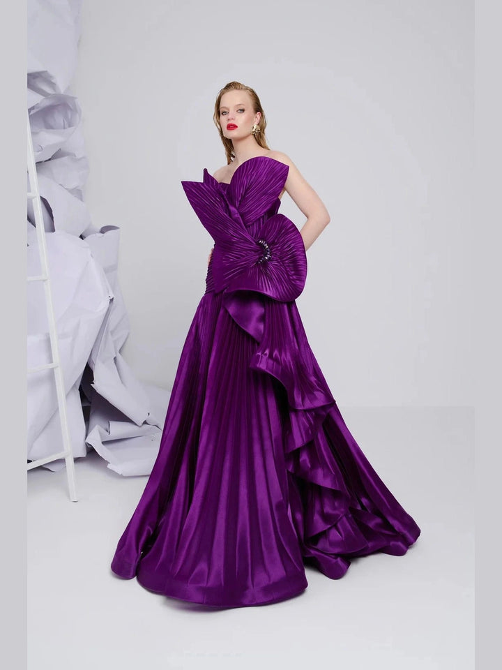 Ruffled Pleated Fabric Gown