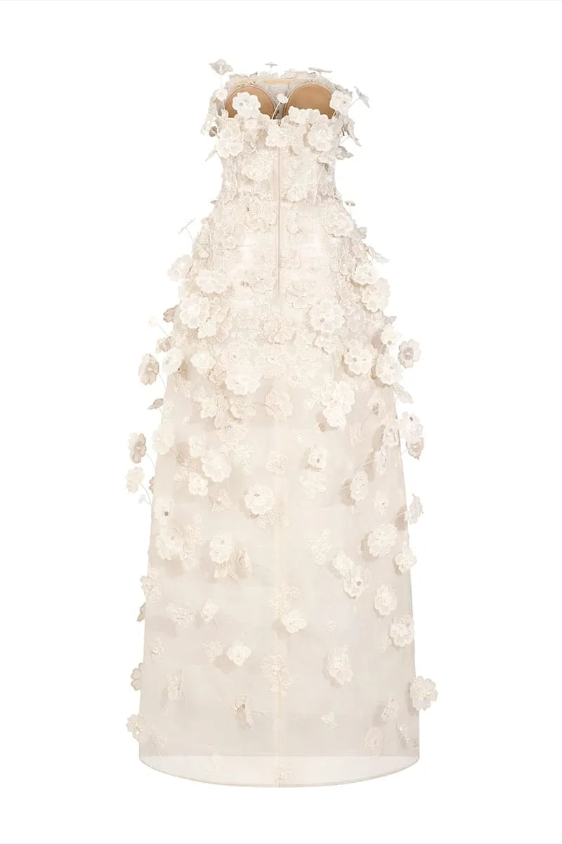 Floral lace long dress with metal beads
