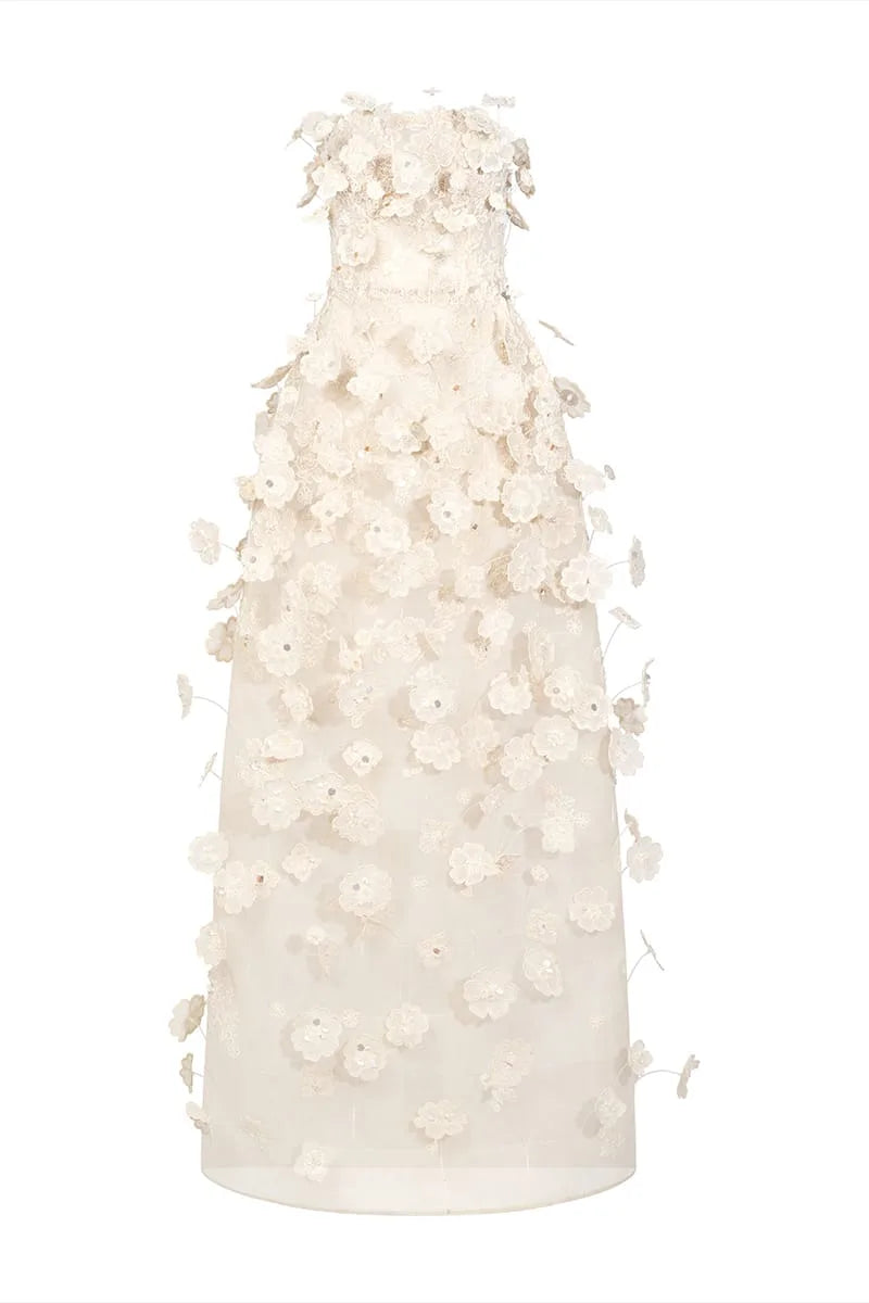 Floral lace long dress with metal beads