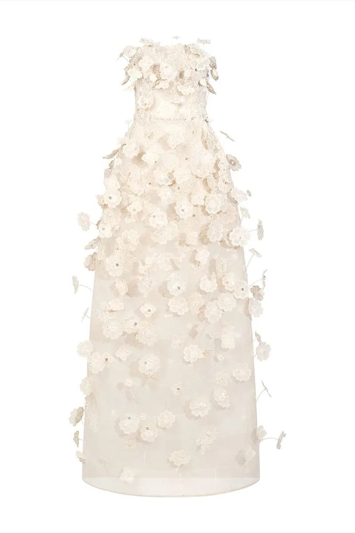 Floral lace long dress with metal beads