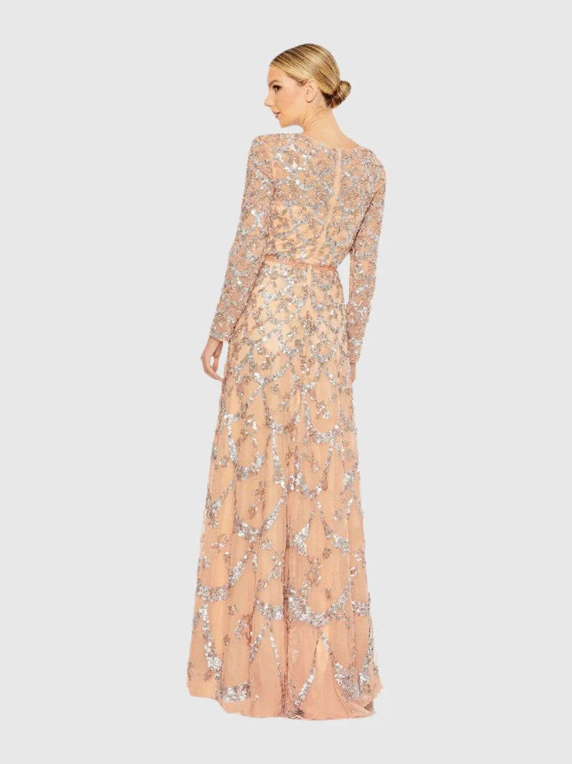 Embellished Illusion High Neck Long Sleeve A Line Gown