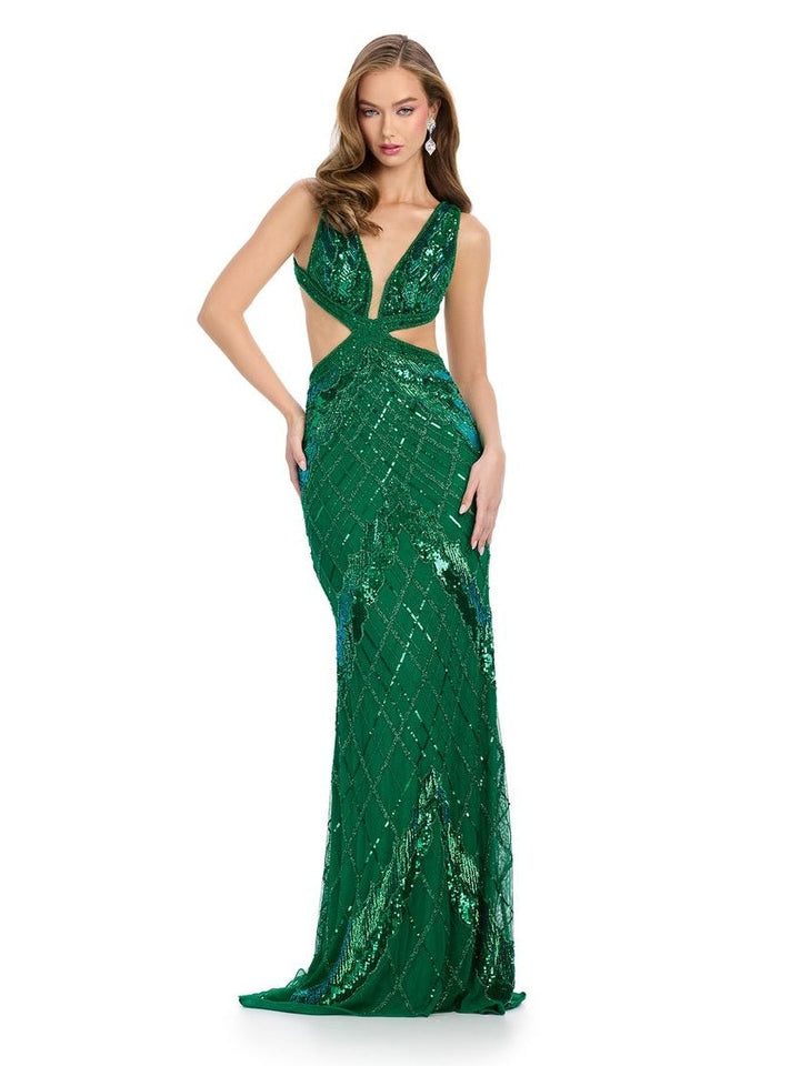 Fully Beaded Gown with V-Neckline & Lace Up Back