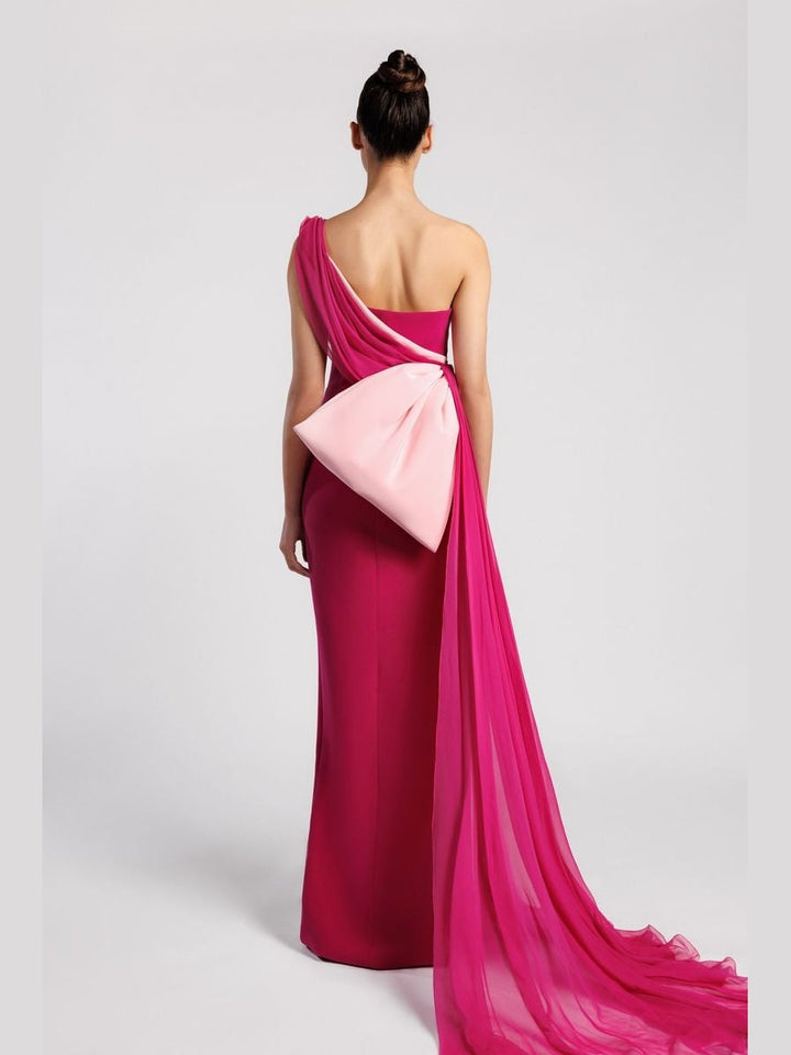 One-Shoulder Evening Dress with Side Train and Bow Accent