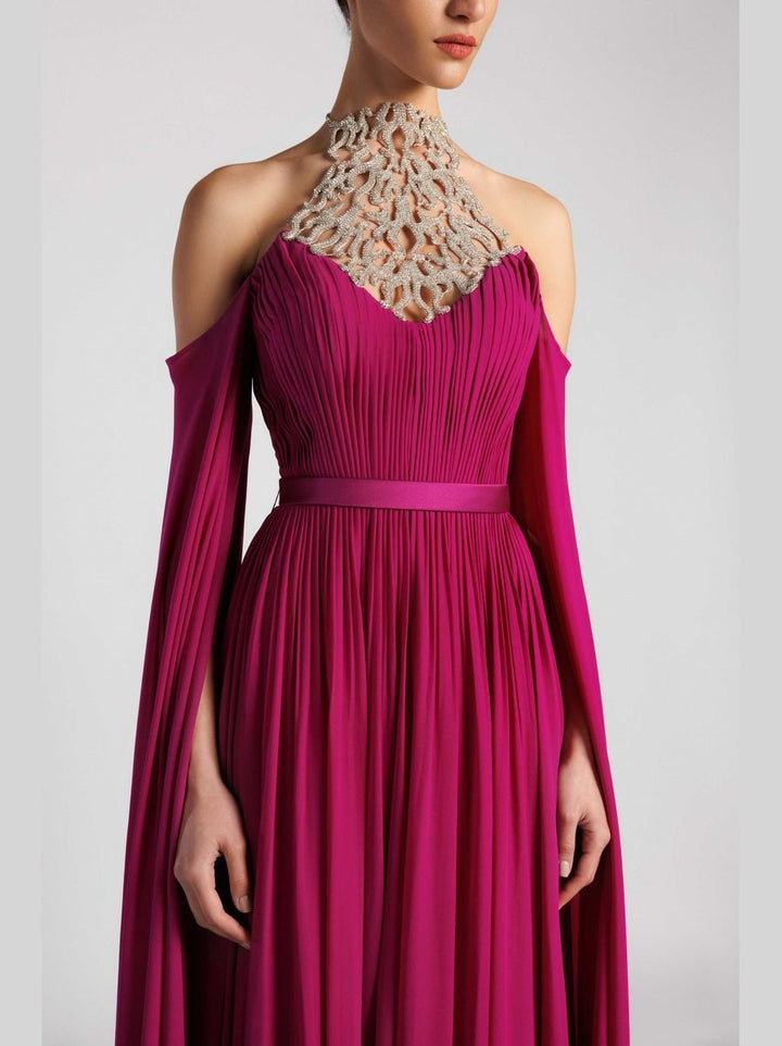 Swarovski-Embellished Halter Evening Dress with Pleated Cape Sleeves