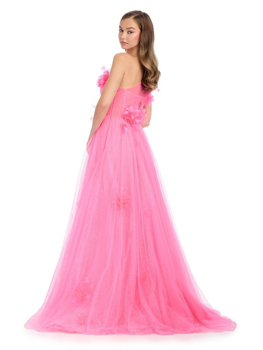 One Shoulder Tulle Ball Gown with Floral Accents