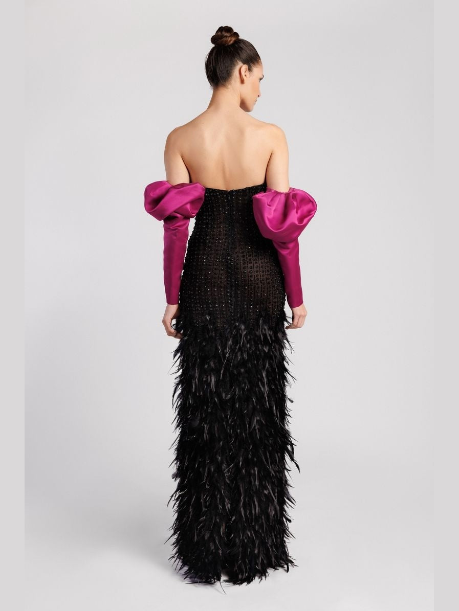 Strapless Evening Dress with Feather Skirt and Satin Puffy Sleeves