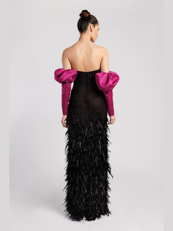 Strapless Evening Dress with Feather Skirt and Satin Puffy Sleeves