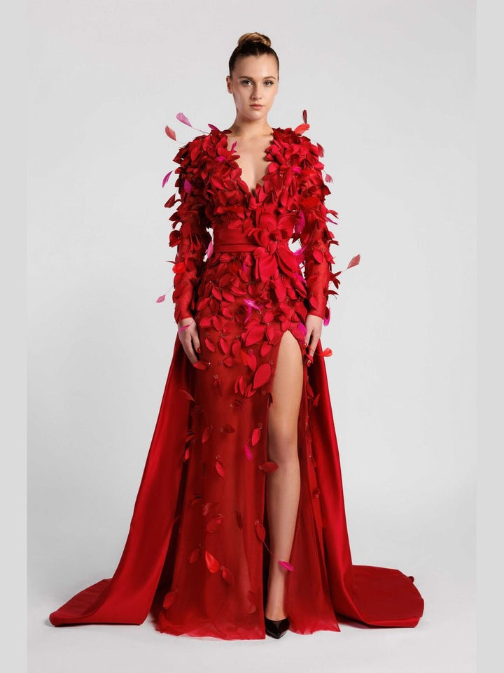 Embroidered Evening Dress with Waist Belt and Flowing Overskirt