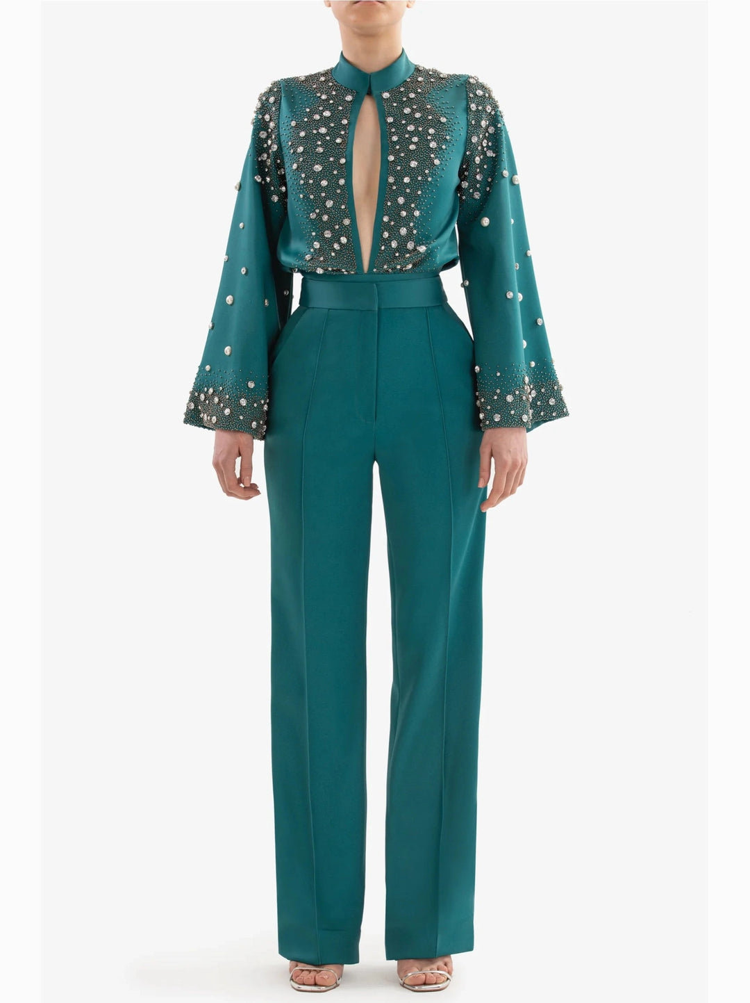 GREEN BEADED CREPE BODYSUIT