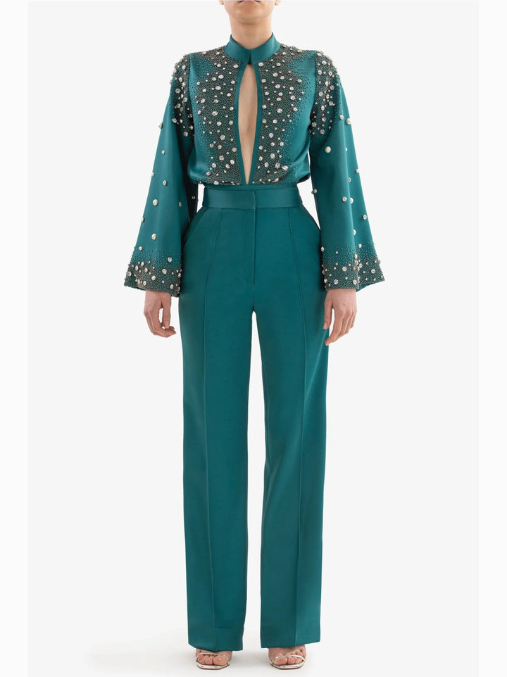 GREEN BEADED CREPE BODYSUIT