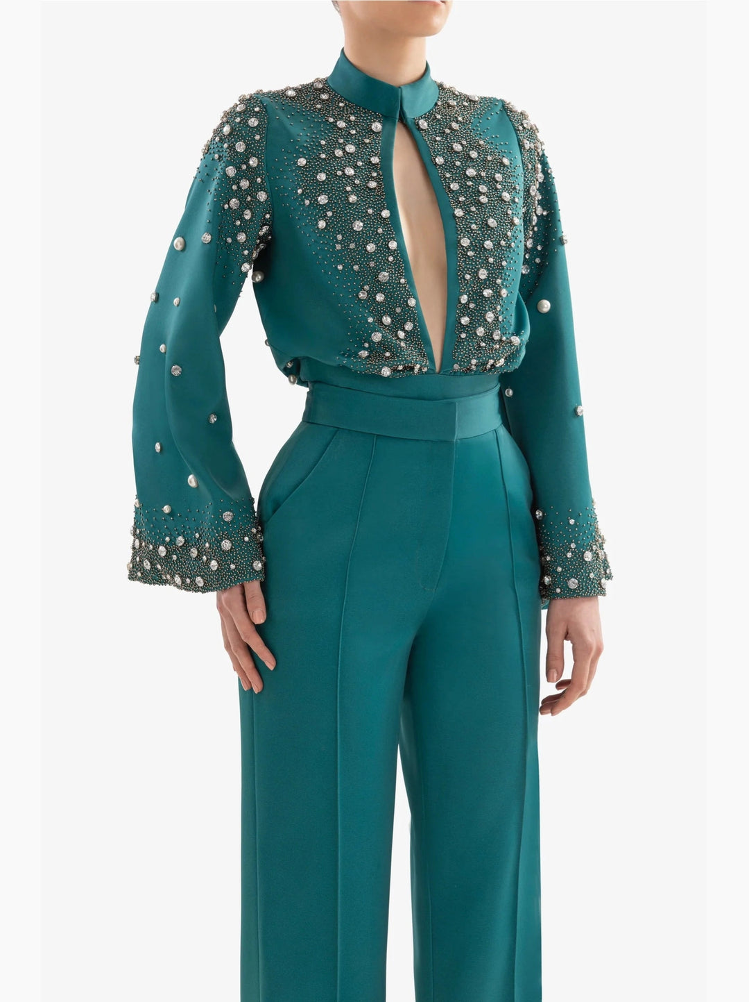GREEN BEADED CREPE BODYSUIT