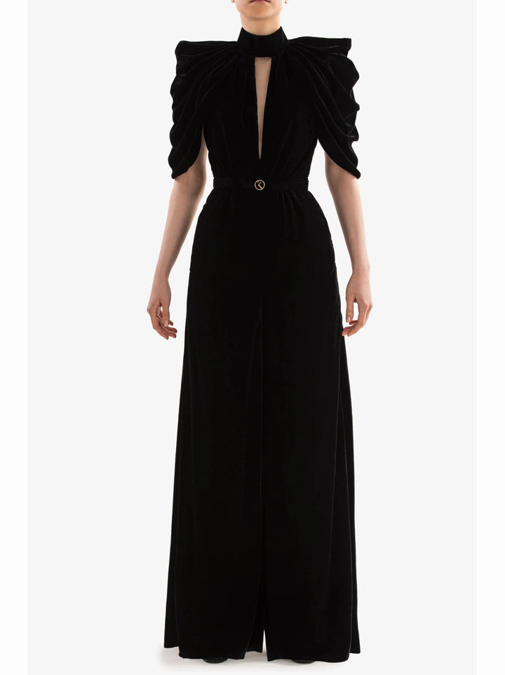 Velvet Jumpsuit With Pleated Sleeves