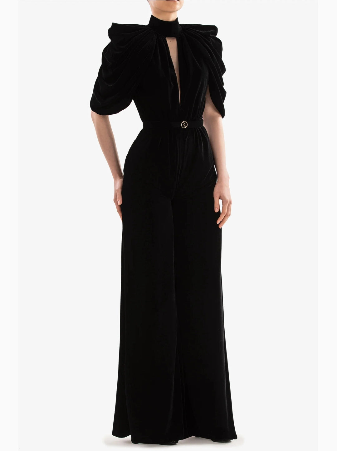 Velvet Jumpsuit With Pleated Sleeves