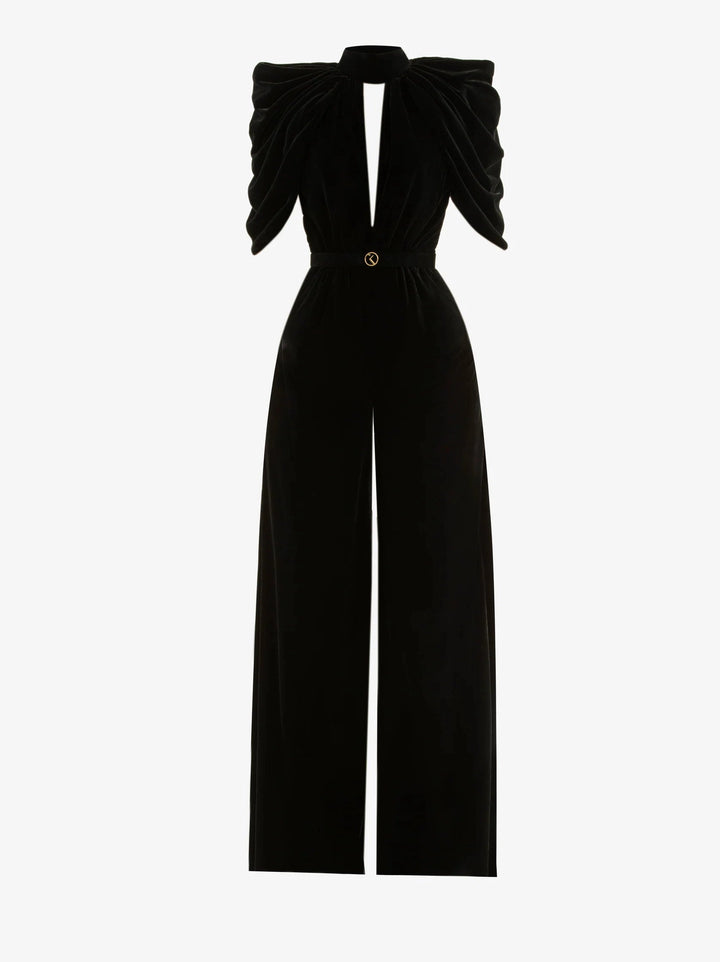 Velvet Jumpsuit With Pleated Sleeves
